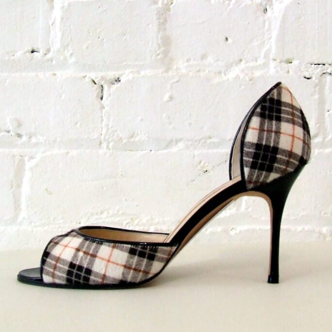Printed pony peep-toe stiletto with patent leather detail. Look new!