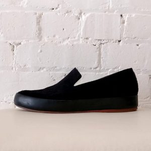 Suede slip-on shoes.