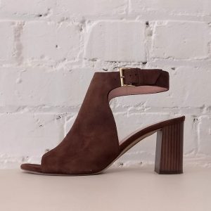 Brown suede peeptoe sandal with ankle strap.
