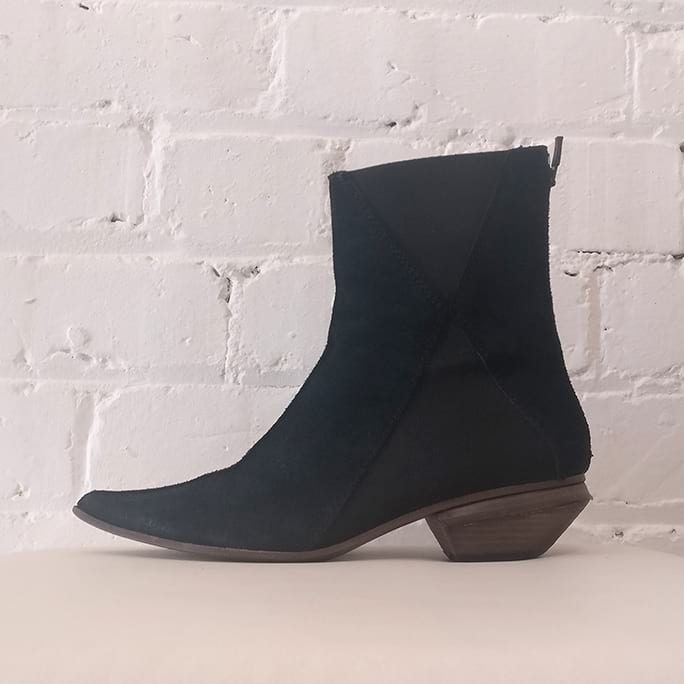 Suede zip-up ankle boot with cuban heel.