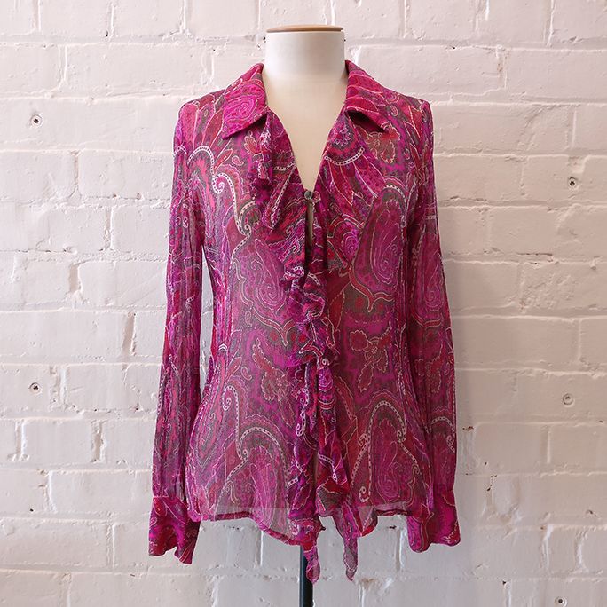 Silk paisley shirt with ruffle front.