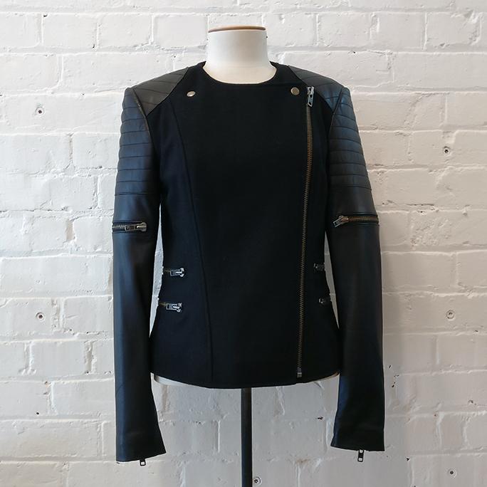 Lambskin and wool biker-style jacket with quilted shoulders.