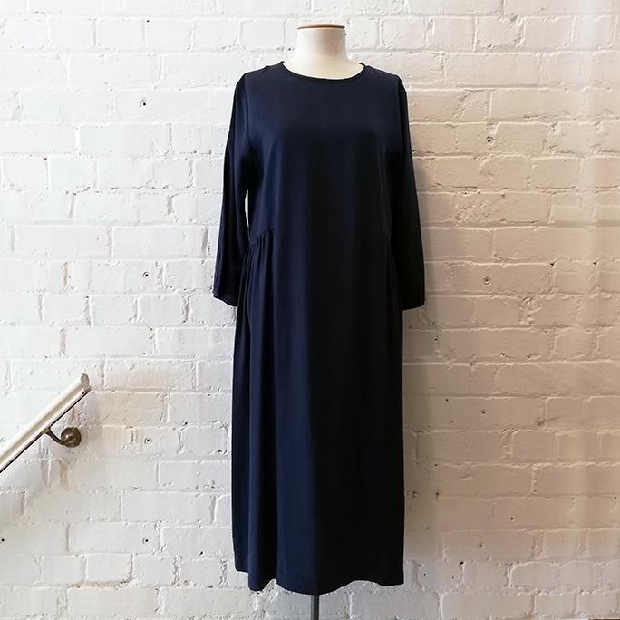 Navy dress with 3/4 sleeve.