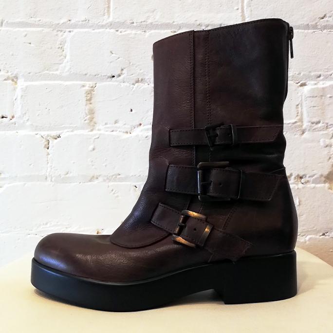 Biker-style leather boot with lightweight molded sole.