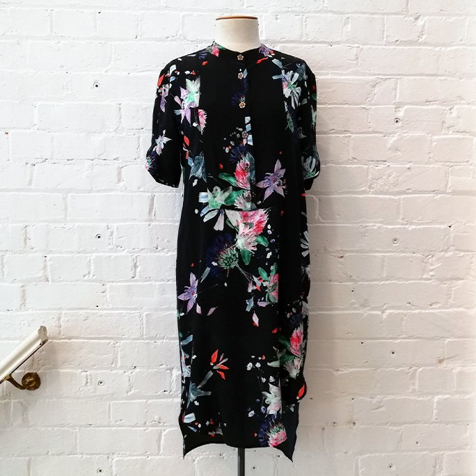 100% silk shirt dress with short sleeves.