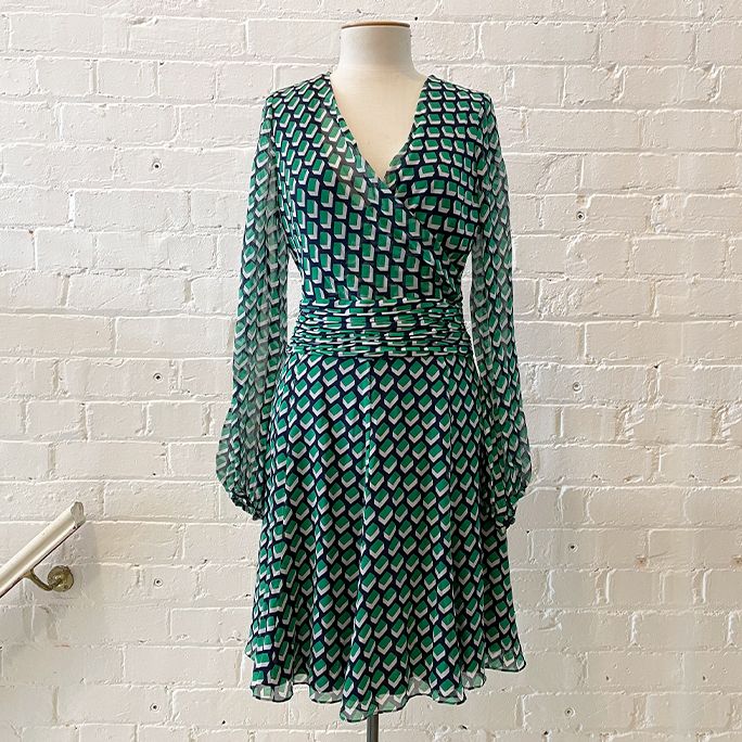 Silk dress with geometric print.