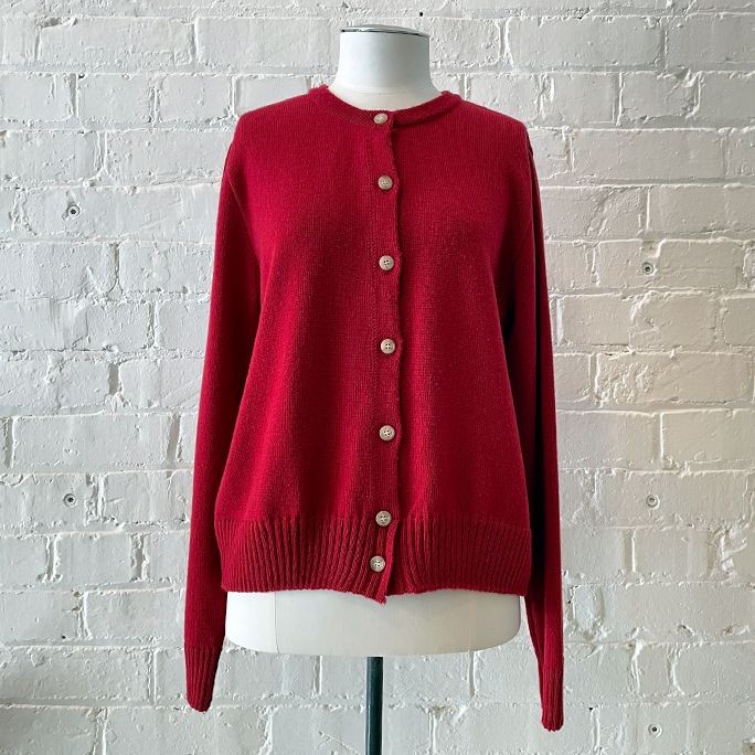 Red merino cardigan.