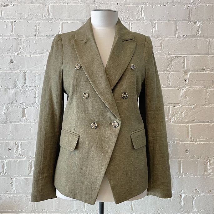 Double-breasted linen mix jacket with pockets, fully lined. Original price tags still on.