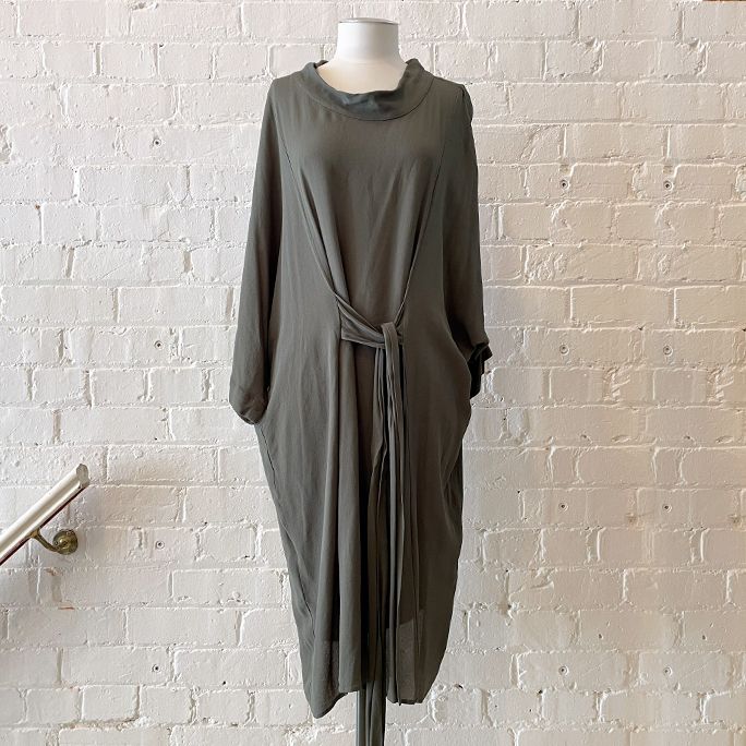 Bat-wing oversize tunic dress with tie front.